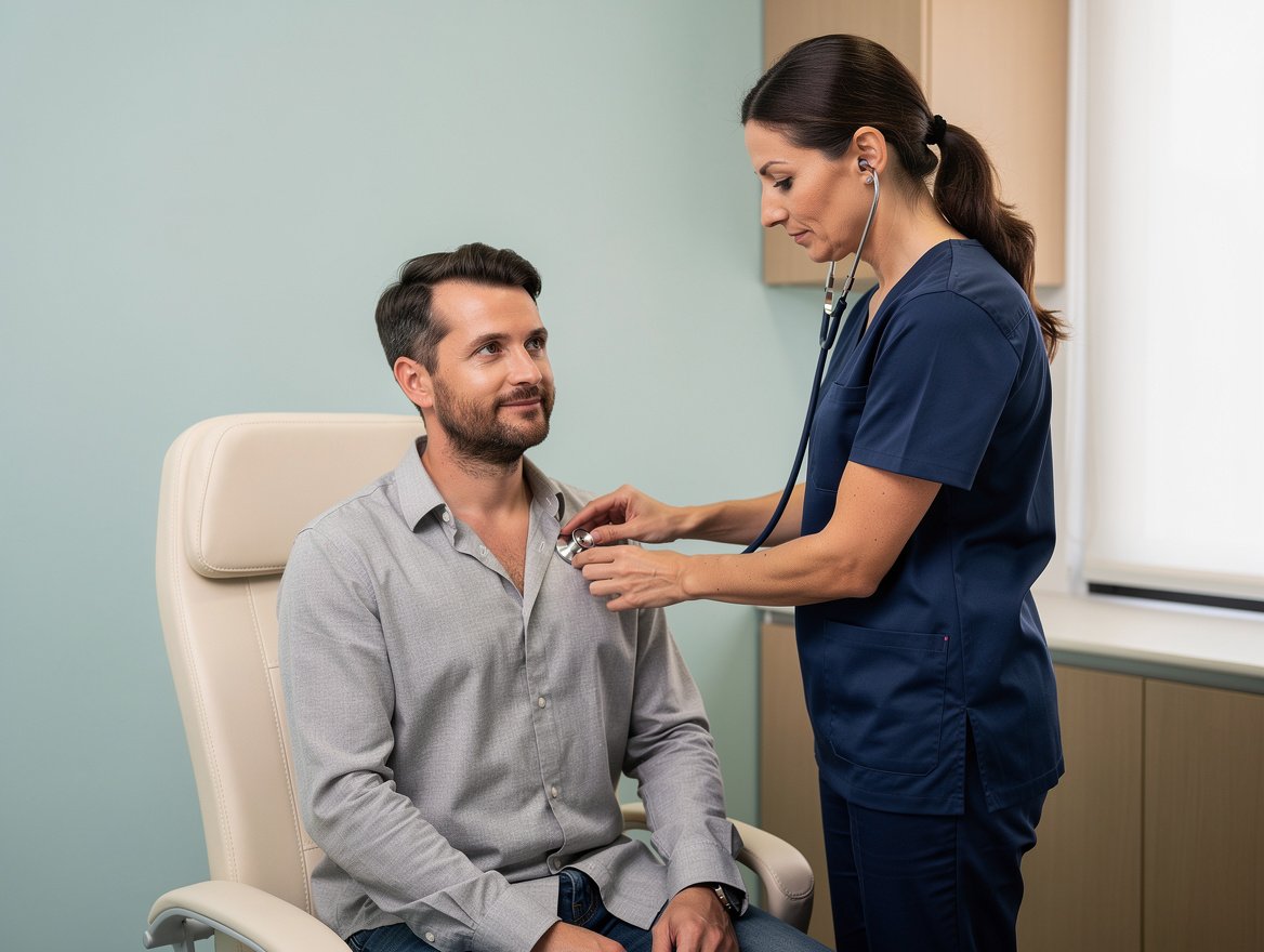 Auscultazione del torace durante una visita cardiologica