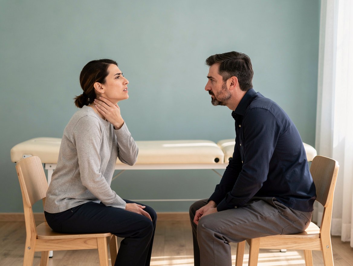 Persona con tensione cervicale durante una valutazione osteopatica
